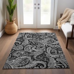 10′ X 14′ Black Gray And White Paisley Washable Rug