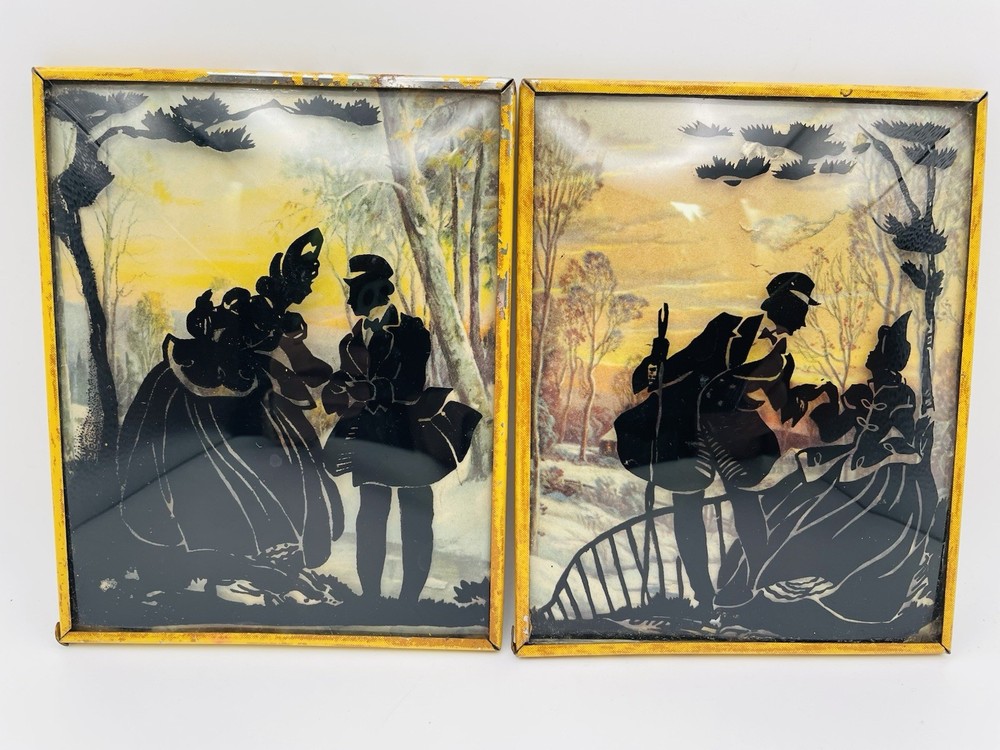 Vintage Pair of Reverse Painted Convex Bubble Glass Courting Couple Pictures