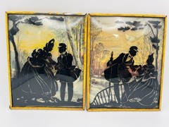 Vintage Pair of Reverse Painted Convex Bubble Glass Courting Couple Pictures