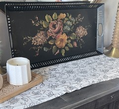 Antique Black Toleware Tray Long Hand Painted Reticulated Metal 24.5 x 12.5”