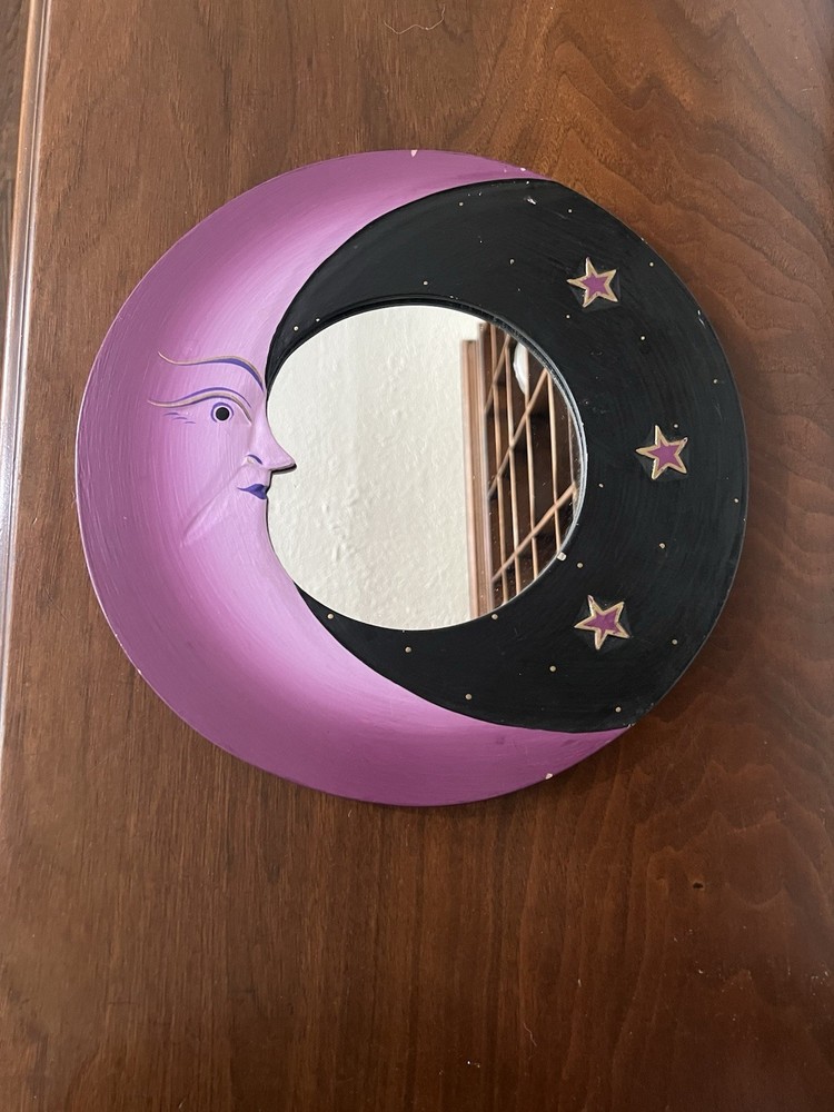1990s Celestial Crescent Moon & Stars 12” Round Handpainted Wooden Mirror purple