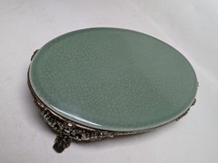 Display Stand Celadon Oval Napoleon’s Empire Style Porcelain/Gilt Bronze, Ormolu