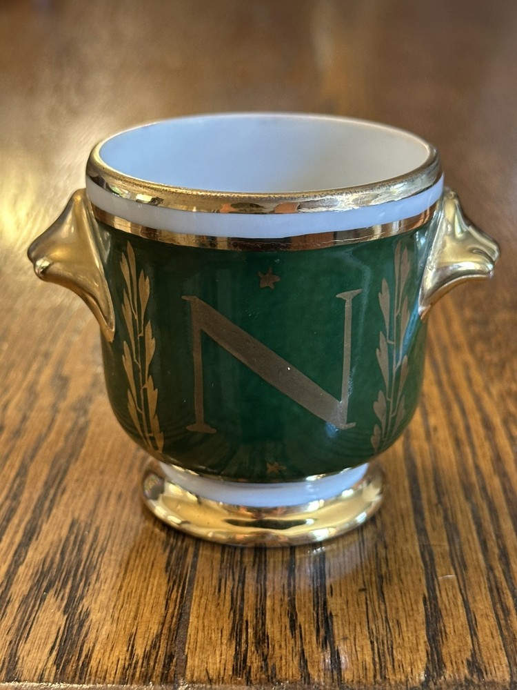 Vintage LIMOGES FRANCE Hand Painted Porcelain NAPOLEONIC Cachepot Green gold