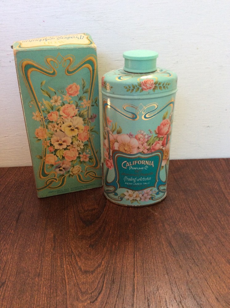 Vintage Avon Trailing Arbutus Perfume Talc Powder Tin & Box 1977 Vanity Decor