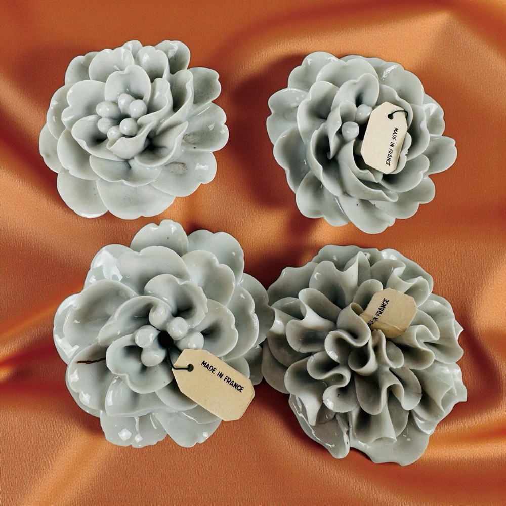 Chive France Collection Limoges Gray White Ceramic Flowers Set of 4 Vintage #8