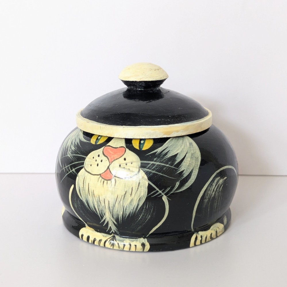 Vintage Hand Painted Wood Black Tuxedo Cat Trinket Box Dish w/Lid Folk Art Haiti