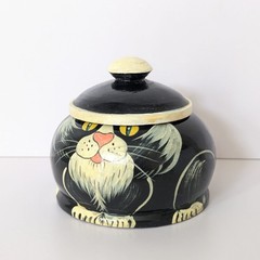 Vintage Hand Painted Wood Black Tuxedo Cat Trinket Box Dish w/Lid Folk Art Haiti