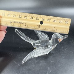 Hand Blown Art Glass Clear Bird Figurine Delicate With Red Orange Eyes Hand Made