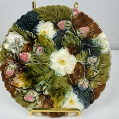 Antique French Majolica Strawberry Plate Floral Relief 8.5 Inch