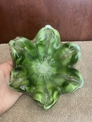 Vtg. Heavy Green Art Glass Ruffled/Flower Bowl Murano Style Hand Blown(Set Of 2)