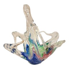 Hand Blown Murano Art Glass Basket Bowl Handle Ruffled Rim Blue Green Pink Swirl
