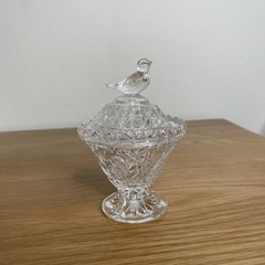 Vtg Hofbauer Byrdes Lead Crystal Glass Jam Trinket Vanity Compote Dish Bird Lid