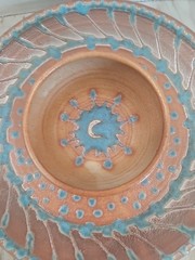 10.5″ TAE POTTERY vtg studio art Blue Moon party plate chip dip bowl Signed