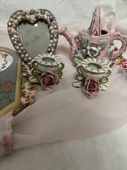 Vintage Shabby Chic Cottage Decor Lot Dresden Roses Swan Mirror Heart