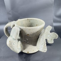 Hand Made Stoneware Pottery Large Heavy Mug Cup 3D Sea Creatures Marked Handle