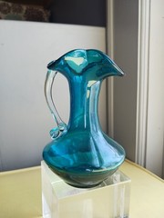 Antique ART GLASS HAND BLOWN PITCHER Pilgram Glass 5″ Blue Bud Vase Creamer