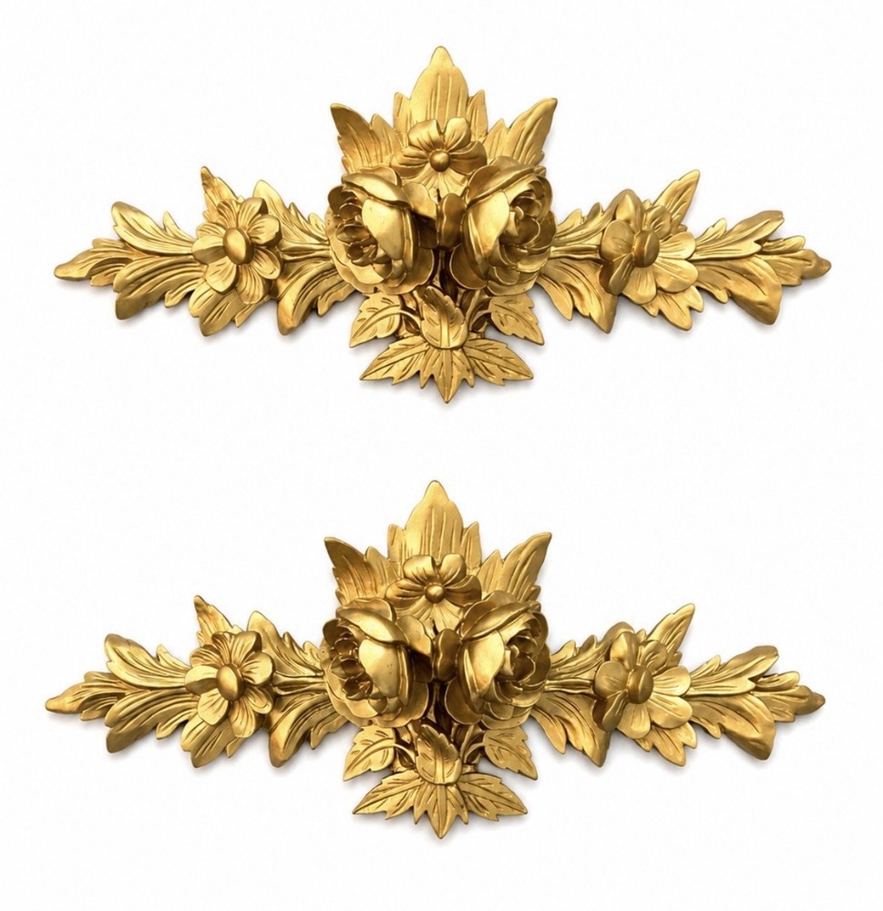 Vintage Pair Gilded Gold Carved Molded Wall Pediments Swags Heavy Floral Flowers