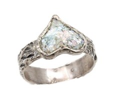 Roman Glass Sterling Silver 925 Heart Ring Ancient Bluish Fragment 200 B.C Size7