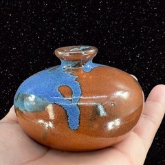Vintage Hand Trown Art Pottery Bud Vase Signed Hand Made Ceramic Blue Red Drip