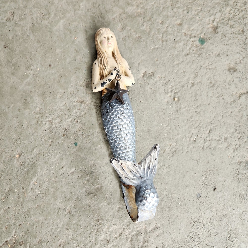 Mermaid Rustic Cast Antique Single Hook Storage Wall Hook 8″ Blue Nautical Rare