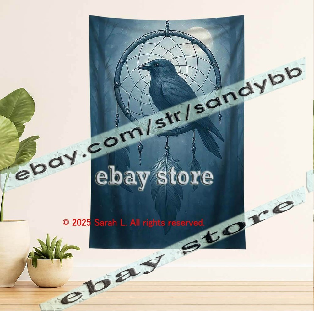 Raven Dreamcatcher Tapestry 3D relief look Wall Art mystic bird 39X59 in