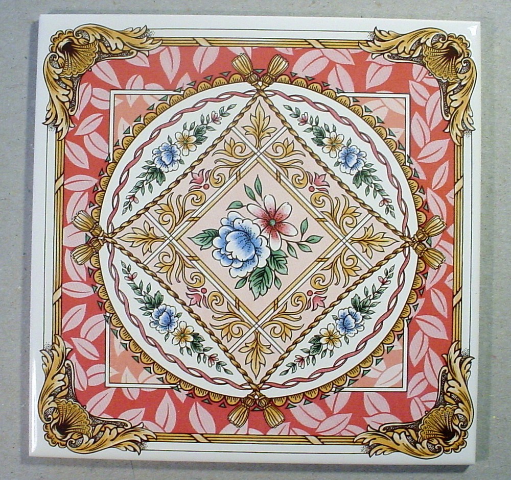 Victorian Floral Decorative Tile Made Brazil 6 x 6 Porcelain Tassel Roping NOS