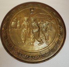 Vintage Brass Wall Decoration; 10″ Round Relief; Three Boys Ice Skating