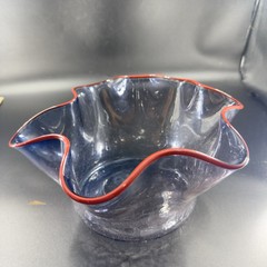 Boatman Studio Art Glass Hand Blown Bowl Dish Crackle Blue Glass Red Edges VTG