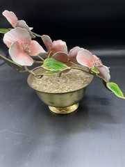 Vtg Metal & Enamel Floral Flower Arrangement MCM Brass Yellow 8” Wide