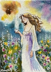 Original Watercolor ACEO Painting by Mary King – Coffee Dreaming – woman