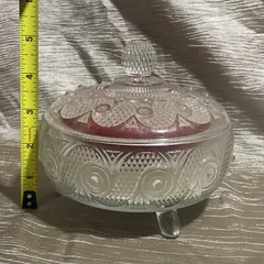 Vintage Avon Pressed Glass Round Footed Powder Trinket Candy Dish w/Lid & Powder
