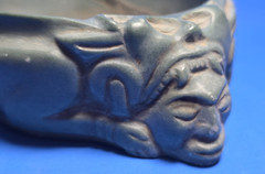 PRE COLUMBIAN AZTEC JADE OFFERING CONTAINER WITH TWO WARRIORS,EAGLE &JAGUAR