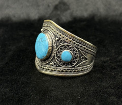 Vintage Afghani Silver Handmade Adjustable Bangle With Turquoise Stone