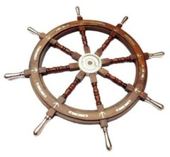 Solid Handmade 36″ Wheel Wooden Large Captain’s Ship w/ Brass Handle Wall Décor