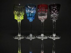 Faberge Na Zdorovye Crystal Colored Cordial Glasses 5 3/4″ H x 2″ at rim NIB