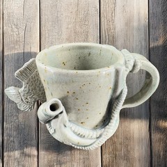 Hand Made Stoneware Pottery Large Heavy Mug Cup 3D Sea Creatures Marked Handle
