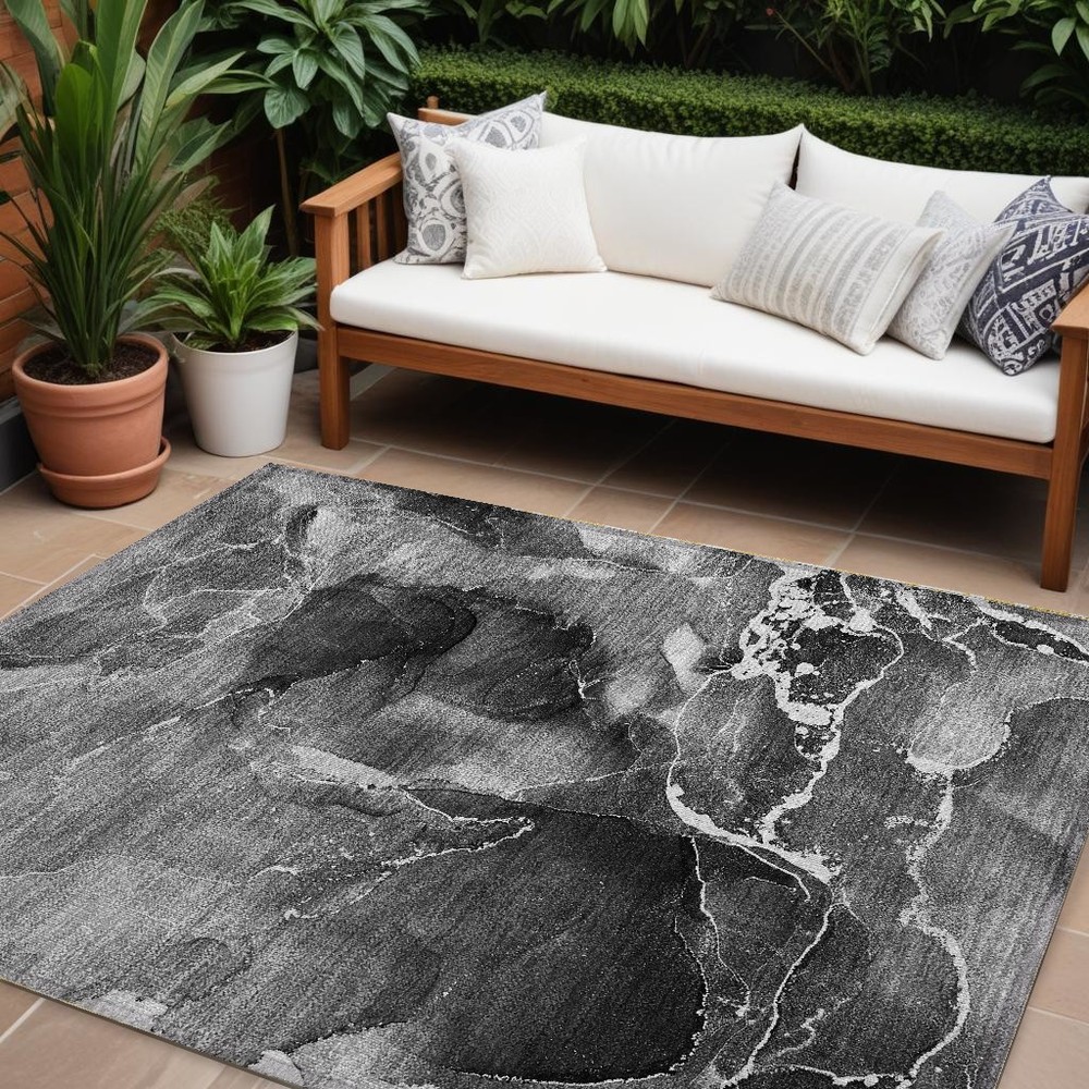 9′ X 12′ Black Gray and White Abstract Washable Non Skid Rug