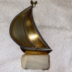 John Demott Brass Sail Boat Figurine Metal Sculpture Signed Onyx Rock Base (h)