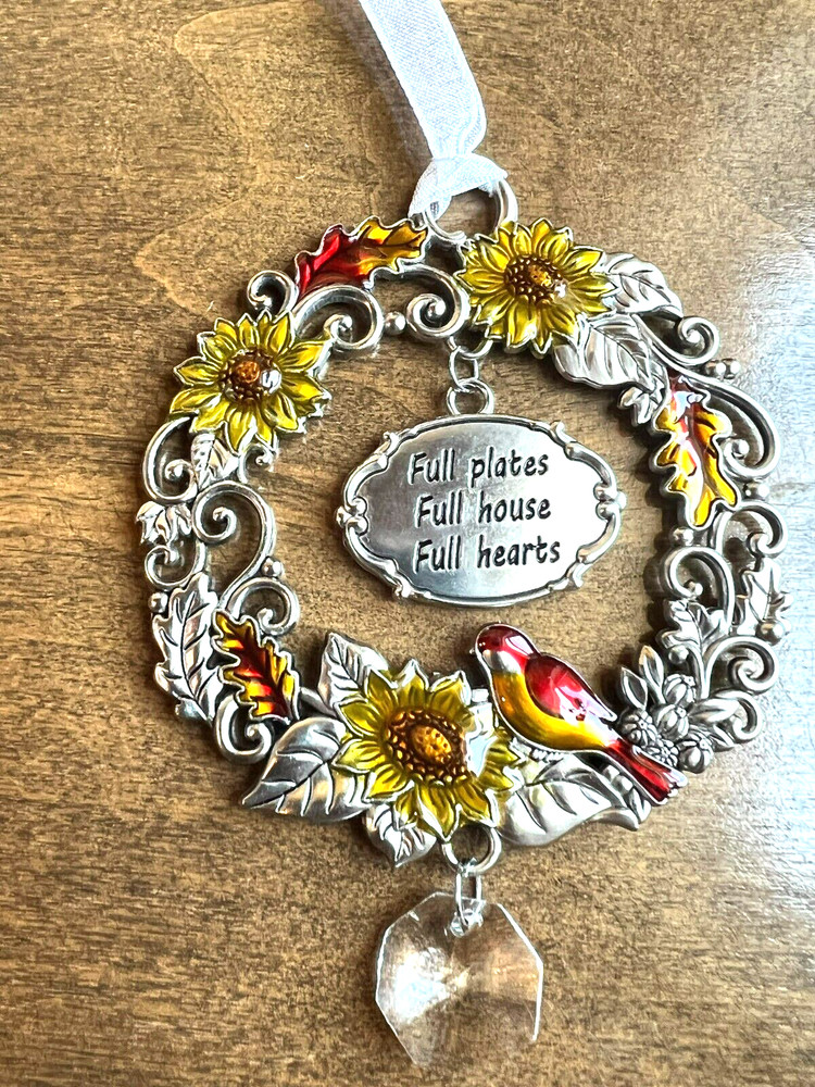 Ganz Ornament w/Sunflowers Bird & Leaves “Full Plates Full House Full Hearts”