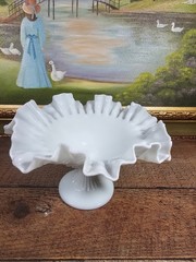 Fenton White Milk Glass Hobnail Ruffled Pedestal Compote Signed VTG, 8″