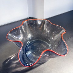 Boatman Studio Art Glass Hand Blown Bowl Dish Crackle Blue Glass Red Edges VTG