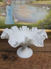 Fenton White Milk Glass Hobnail Ruffled Pedestal Compote Signed VTG, 8″