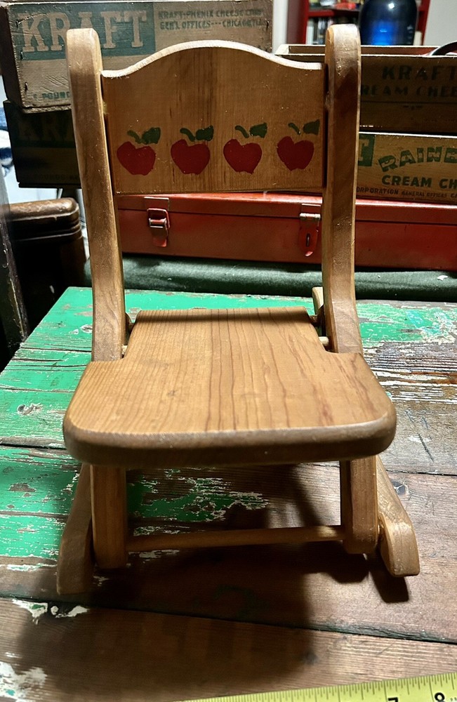 Vintage Doll Wooden Folding Rocking Chair w/ Apples