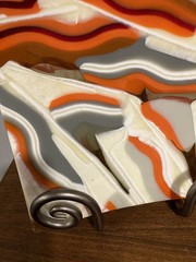 Hand Made Fused Art Glass Trinket Dish Plate Orange Gray Cream Swirl Curved