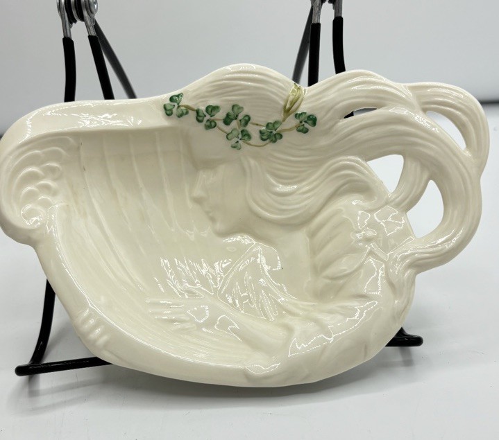 Belleek Ireland Woman Harp Girl Shamrock Trinket Dish Jewelry