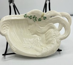 Belleek Ireland Woman Harp Girl Shamrock Trinket Dish Jewelry