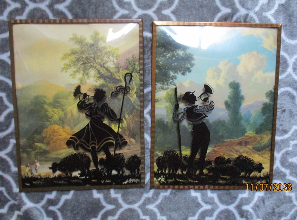Antique silhouette Reverse Painted convex glass 6”x8” Shepherd Boy Trumpet Sheep