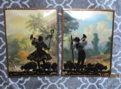 Antique silhouette Reverse Painted convex glass 6”x8” Shepherd Boy Trumpet Sheep