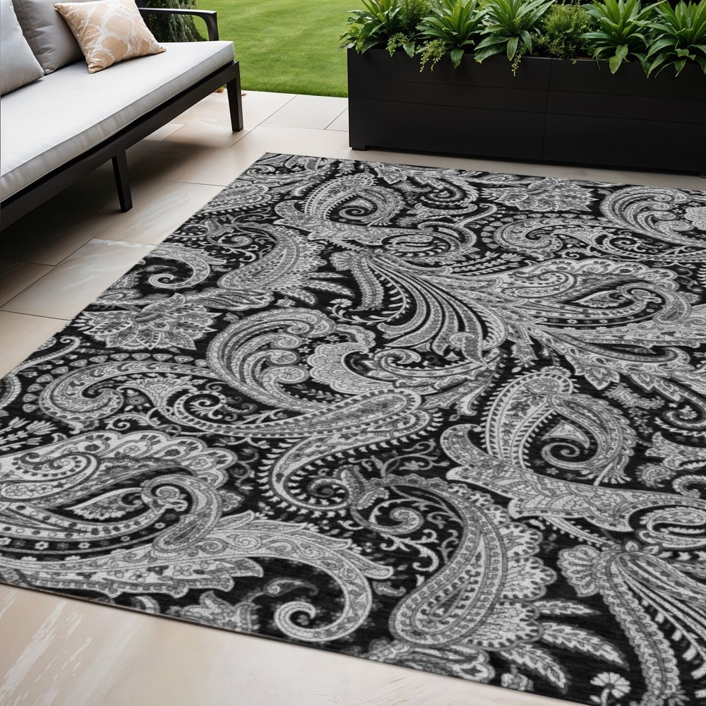 5′ X 8′ Black Gray And White Paisley Washable Rug