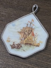 Antique 1910 Reverse-Paint Glass Galleon Ship Scene Edwardian Wall Decor Plaque